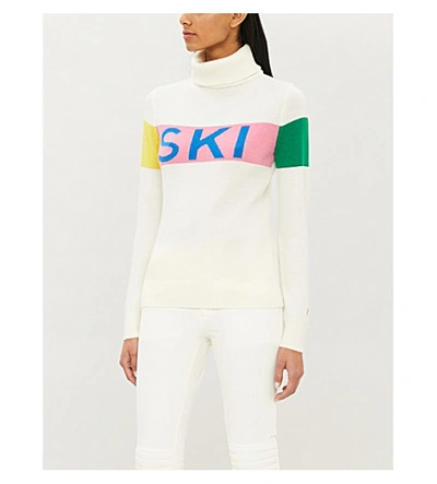 Shop Perfect Moment Ski Turtleneck Slogan-embroidered Wool Jumper In White Peach Pink Rainbow