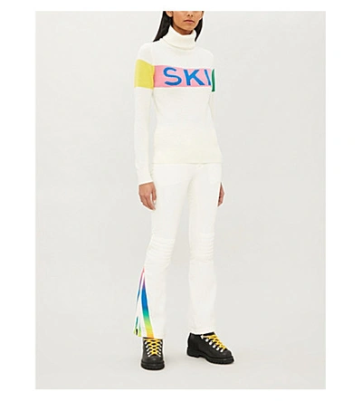 Shop Perfect Moment Ski Turtleneck Slogan-embroidered Wool Jumper In White Peach Pink Rainbow