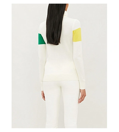 Perfect Moment Intarsia Merino Wool Turtleneck Sweater In White Peach Pink Rainbow