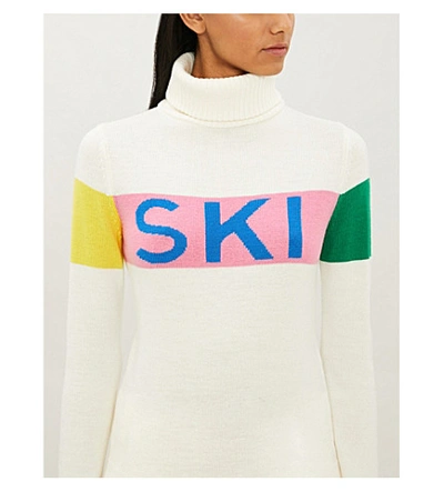 Perfect Moment Intarsia Merino Wool Turtleneck Sweater In White Peach Pink Rainbow