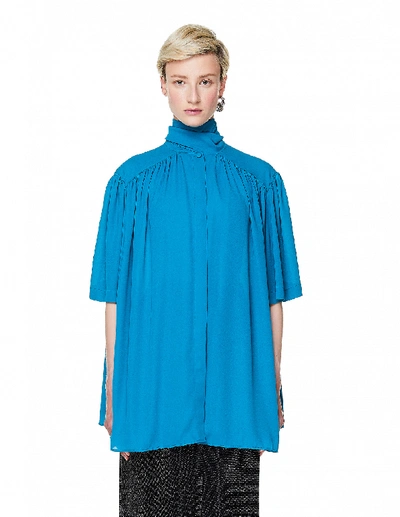 Shop Balenciaga Short Sleeve Scarf Blouse In Blue