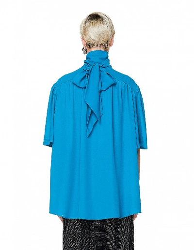 Shop Balenciaga Short Sleeve Scarf Blouse In Blue