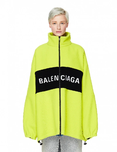 Shop Balenciaga Neon Green Wool Logo Jacket In Yellow
