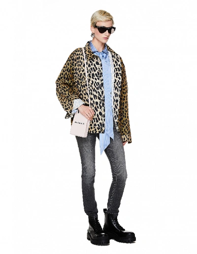 Shop Balenciaga Leopard Denim Jacket In Beige