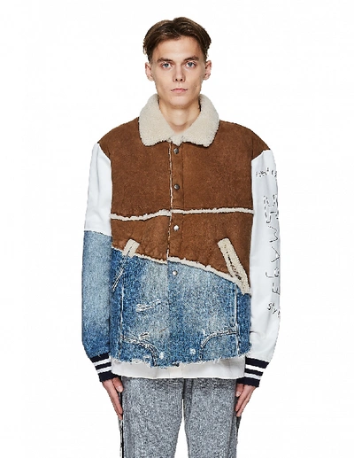 Shop Greg Lauren 50/50 Shearling/denim Varsity Jacket In Beige