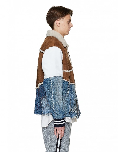 Shop Greg Lauren 50/50 Shearling/denim Varsity Jacket In Beige