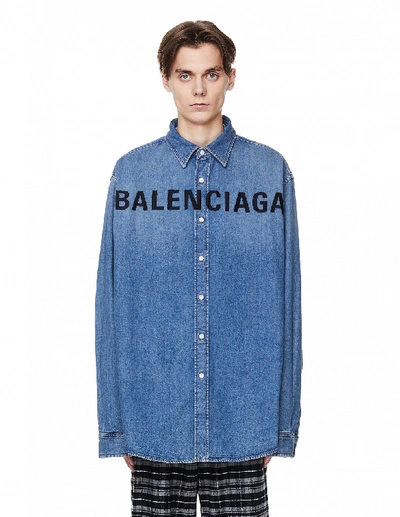 Shop Balenciaga Blue Denim Logo Shirt