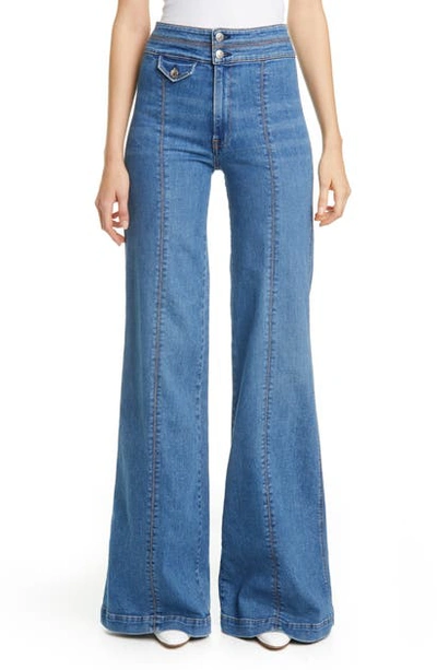 Shop Veronica Beard Ember Seam Detail High Waist Wide Leg Jeans In Powdered Ocean