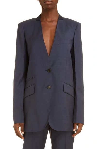 Shop Givenchy Collarless Wool Jacket In Deep Sea Blue