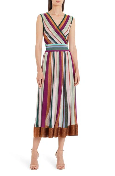 Shop Missoni Metallic Stripe Faux Wrap Midi Sweater Dress In Green Multi