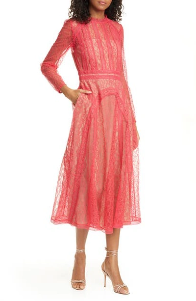 Shop Self-portrait Lace Long Sleeve Dress In Hot Pink