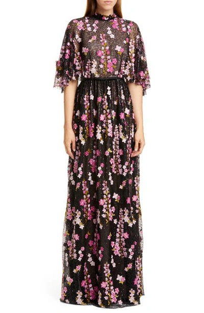 Shop Giambattista Valli Sequin Embroidered Mesh Gown In Black/ Rose