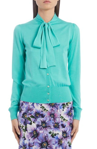 Shop Dolce & Gabbana Tie Neck Silk Cardigan In Blue