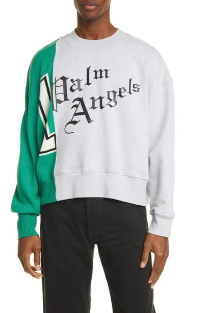 Shop Palm Angels Logo Graphic Mixed Media Sweatshirt In Grey Green