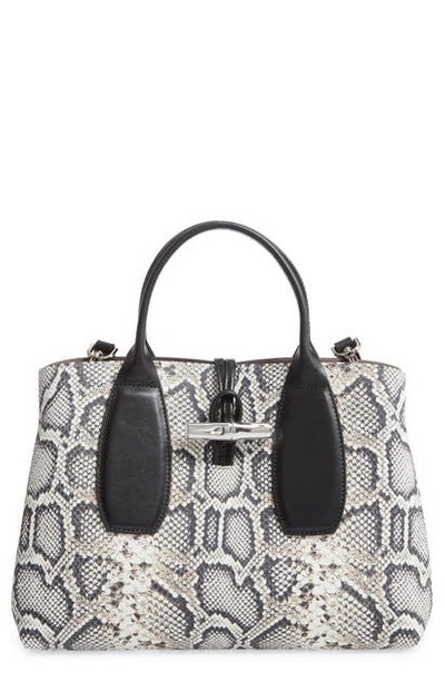 Longchamp Roseau Medium Python-print Top-handle Tote Bag With Shoulder  Strap In Black/ White