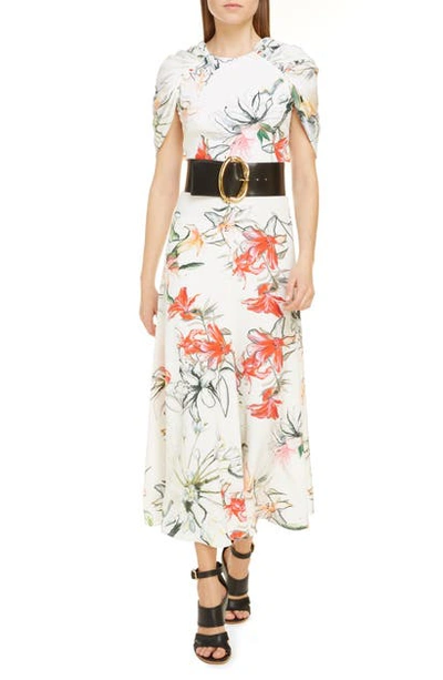 Shop Alexander Mcqueen Gathered Cape Back Floral Crepe De Chine Maxi Dress In Ivory Mix