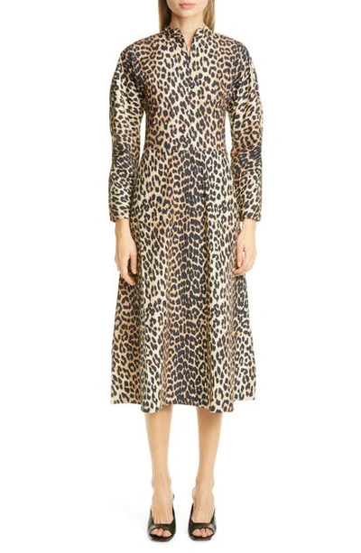 Shop Ganni Leopard Print Long Sleeve Poplin Midi Dress In Leopard 943
