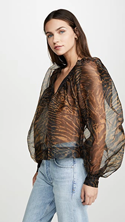 Shop Ganni Printed Organza Top In Tiger