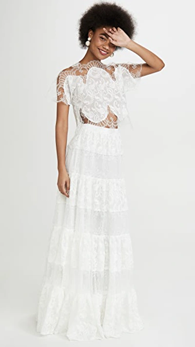 Shop Costarellos Embroidered Silk Chiffon Skirt In Off White