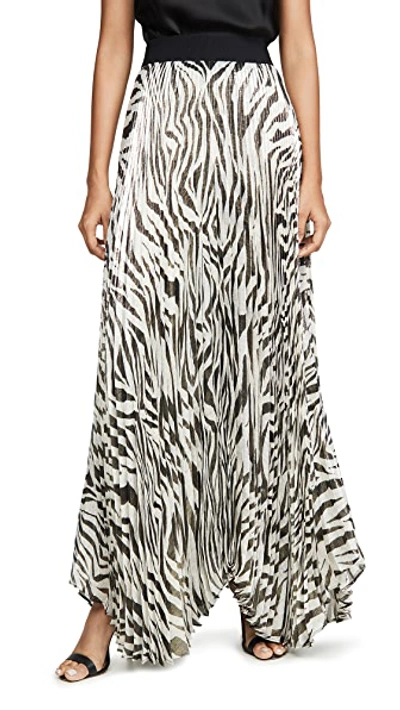 Shop Alice And Olivia Katz Sunburst Pleated Maxi Skirt In Large Tiger Soft White/black