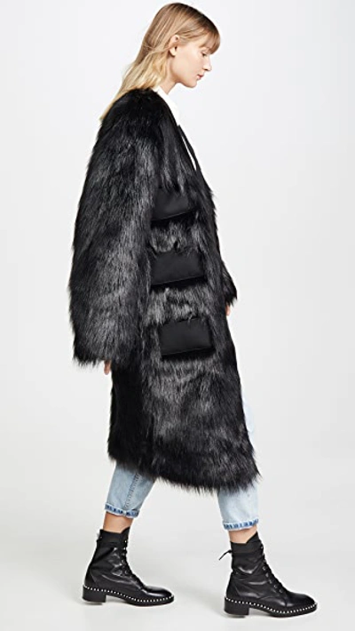 Shop Anais Jourden Black Faux Fur Maxi Blazer With Triple Pockets