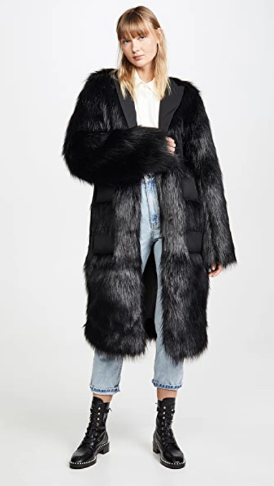 Black Faux Fur Maxi Blazer with Triple Pockets