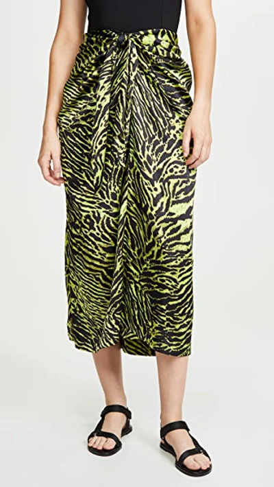 Shop Ganni Stretch Satin Skirt In Lime Tiger