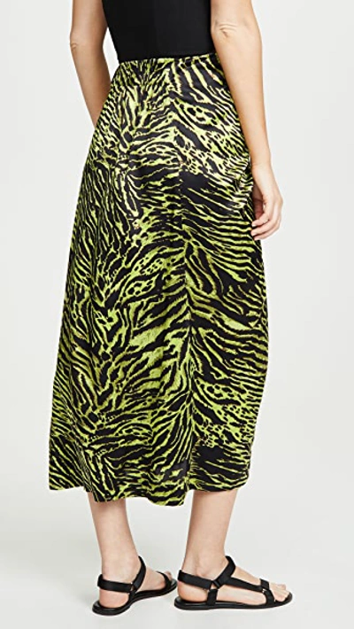 Shop Ganni Stretch Satin Skirt In Lime Tiger