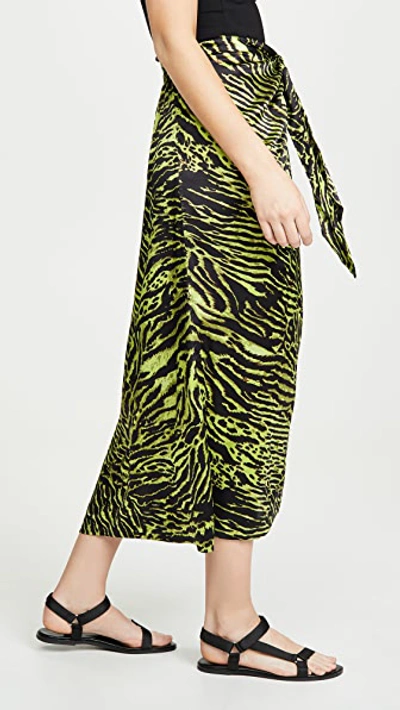 Shop Ganni Stretch Satin Skirt In Lime Tiger