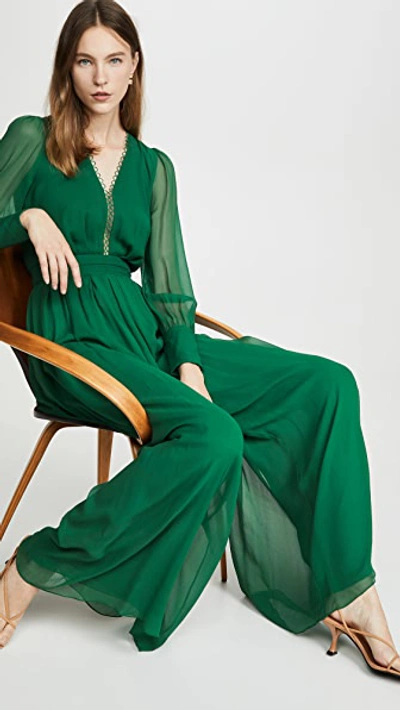 Shop Costarellos Long Sleeve Silk Chiffon Jumpsuit With Tonal Belt In Green