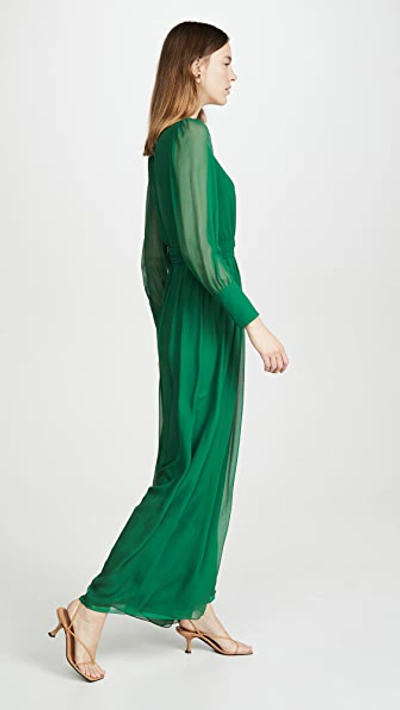 Shop Costarellos Long Sleeve Silk Chiffon Jumpsuit With Tonal Belt In Green