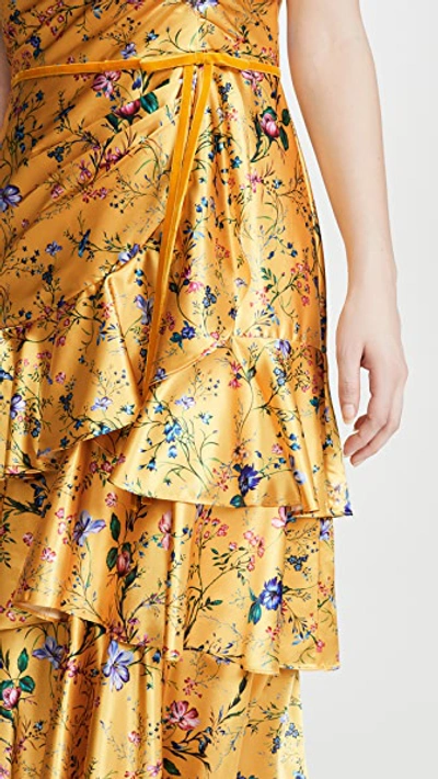 Shop Marchesa Notte Sleeveless Printed Charmeuse Tiered Cocktail Dress In Yellow