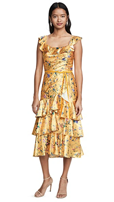 Shop Marchesa Notte Sleeveless Printed Charmeuse Tiered Cocktail Dress In Yellow