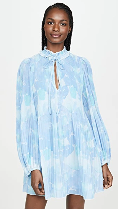 Ganni Floral Pleat Long Balloon Sleeve Minidress In Blue-lt | ModeSens