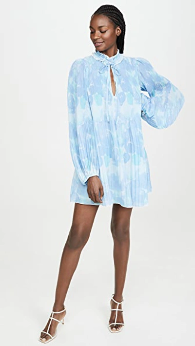 Ganni Floral Pleat Long Balloon Sleeve Minidress In Gray Dawn | ModeSens