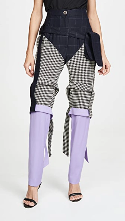 Shop Natasha Zinko Triple Panel Bag Strap Trousers In Navy/white-black/lilac