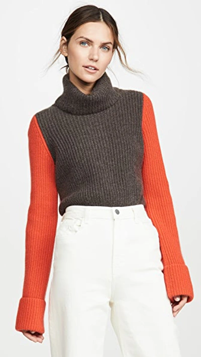 Shop Autumn Cashmere Cuffed Colorblock Cashmere Pullover In Umber/butterscotch