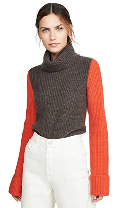 Shop Autumn Cashmere Cuffed Colorblock Cashmere Pullover In Umber/butterscotch