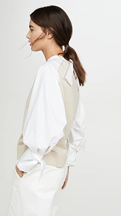 Shop Adeam Bow Cuff Sweater In Beige/white