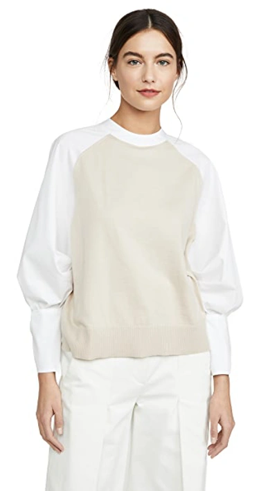 Shop Adeam Bow Cuff Sweater In Beige/white