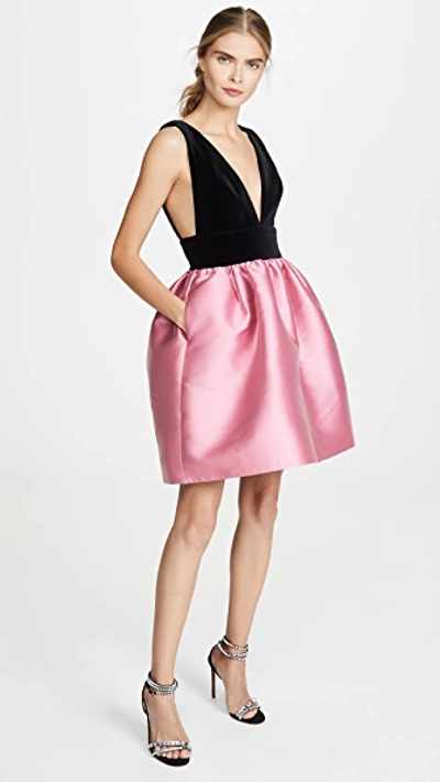 Shop Costarellos Silk Dress With Velvet Plunge Bodice In French Rose