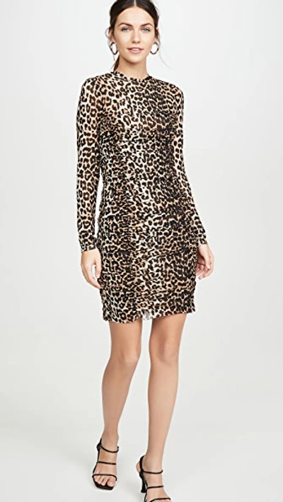 Shop Ganni Printed Mesh Dress In Leopard