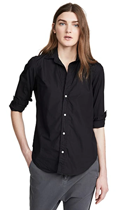 Frank & Eileen Barry Long-sleeve Button-down Frayed-hem Shirt In Black