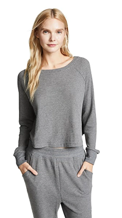 Shop Honeydew Intimates Sneak Peek Waffle Knit Crop Sweatshirt In Heather Grey