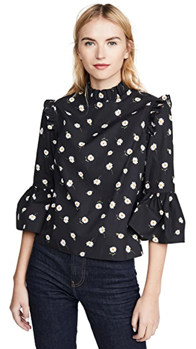 Shop Alice And Olivia Henrietta Ruffled Boxy Blouse In Tossed Daisy Black