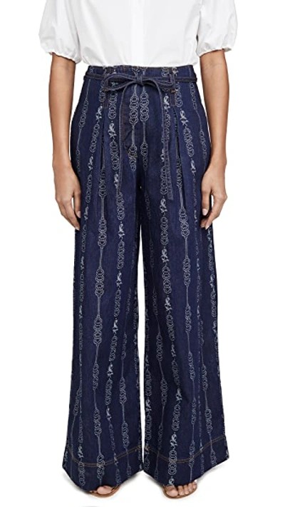 Shop Tory Burch Gemini Jacquard Denim Trousers In Gemini Link Bloom Jacquard