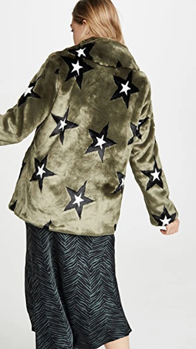 Shop Avec Les Filles Star Print Faux Fur Swing Coat In Olive/black/white