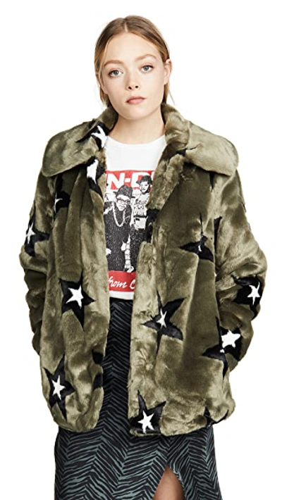 Shop Avec Les Filles Star Print Faux Fur Swing Coat In Olive/black/white