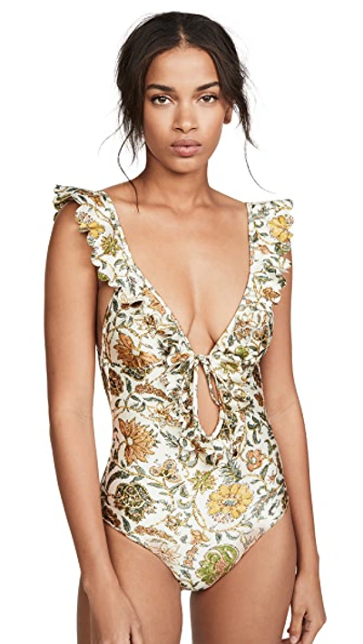 Shop Zimmermann Edie Frill One Piece Swimsuit In Cream Paisley