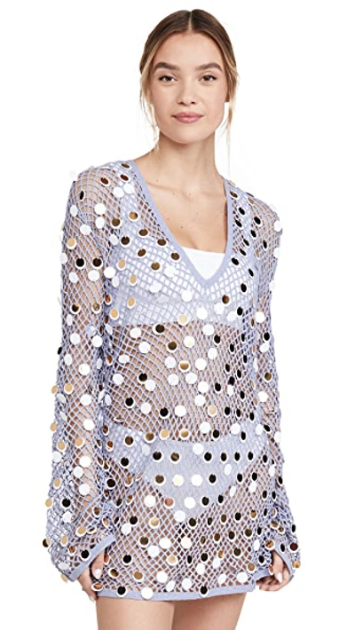 Shop Caroline Constas Long Sleeve Crochet Cover Up In Blue